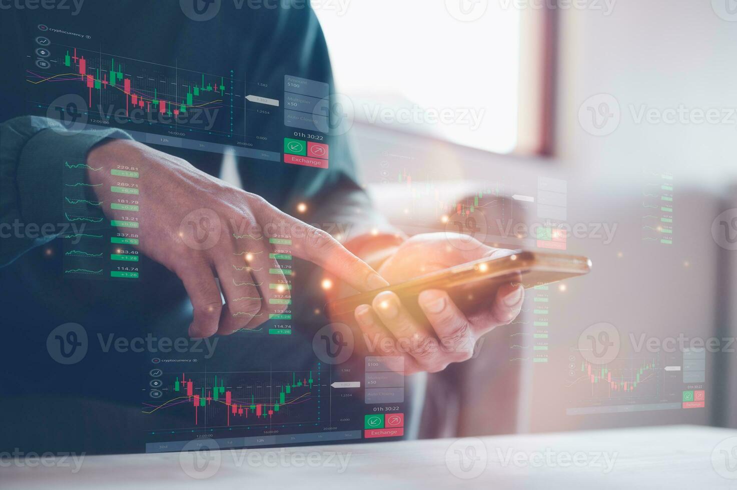 investment financial planning and strategy, Stock market, Business growth, progress or success concept. Businessman, trader is showing a growing virtual hologram stock, trading online, exchange crypto photo