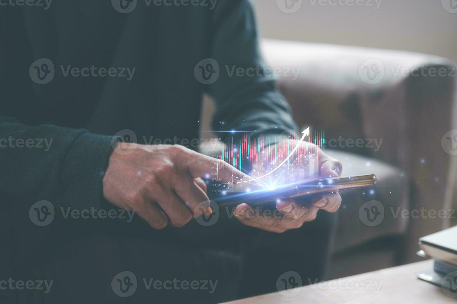 investment stock market data analysis concept, businessman using smartphone analyst  virtual trading graph, trading online, financial mobile application platform photo