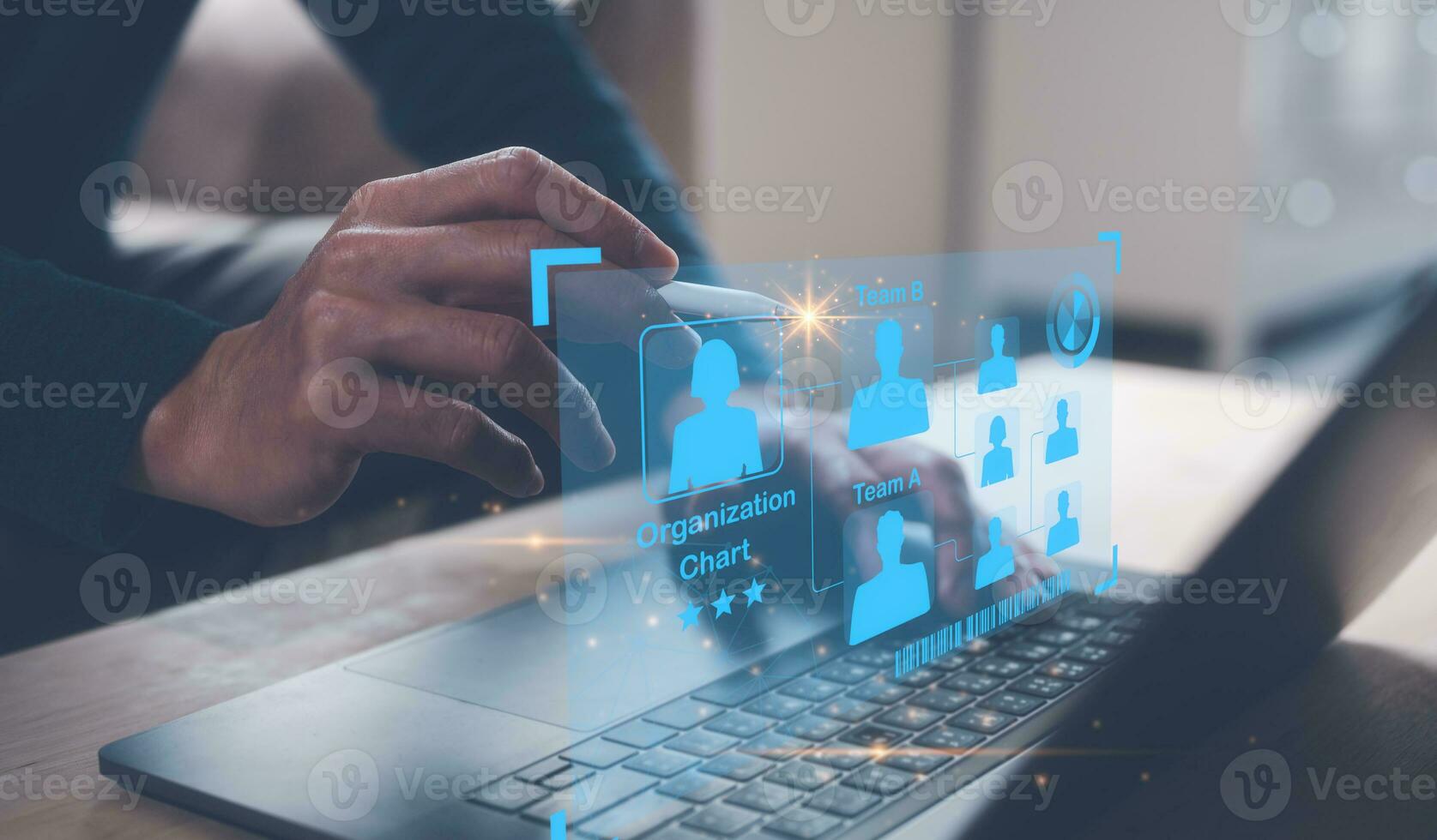 teamwork concept, team management, manager businessman using computer laptop pointing at organisation chart, HR management, team recruiting photo