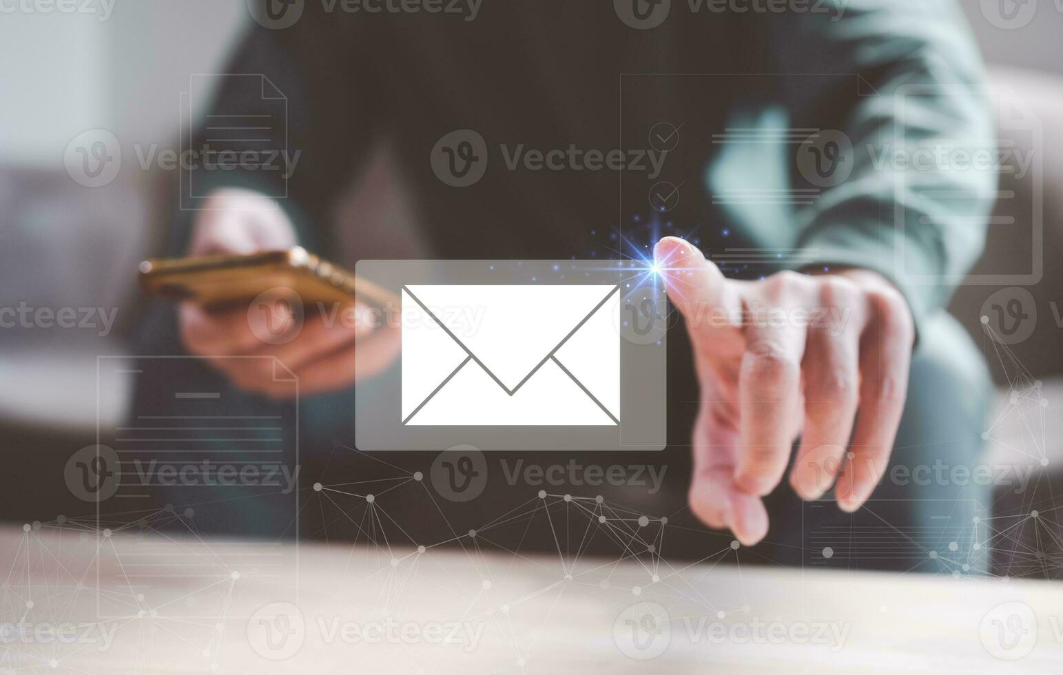 email and document concept, businessman  reviewing reading sending email to clients, business promotion, online document, social distancing practice, online conmunication photo