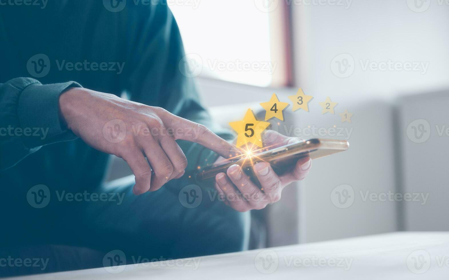customer service survey feedback concept, businessman using smartphone give review and five stars rating to business services photo