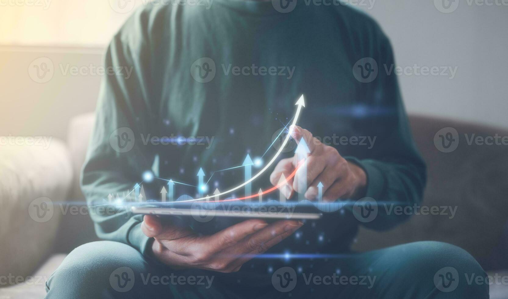 investment financial planning and strategy, Stock market, Business growth, progress or success concept. Businessman, trader is showing a growing virtual hologram stock, trading online photo