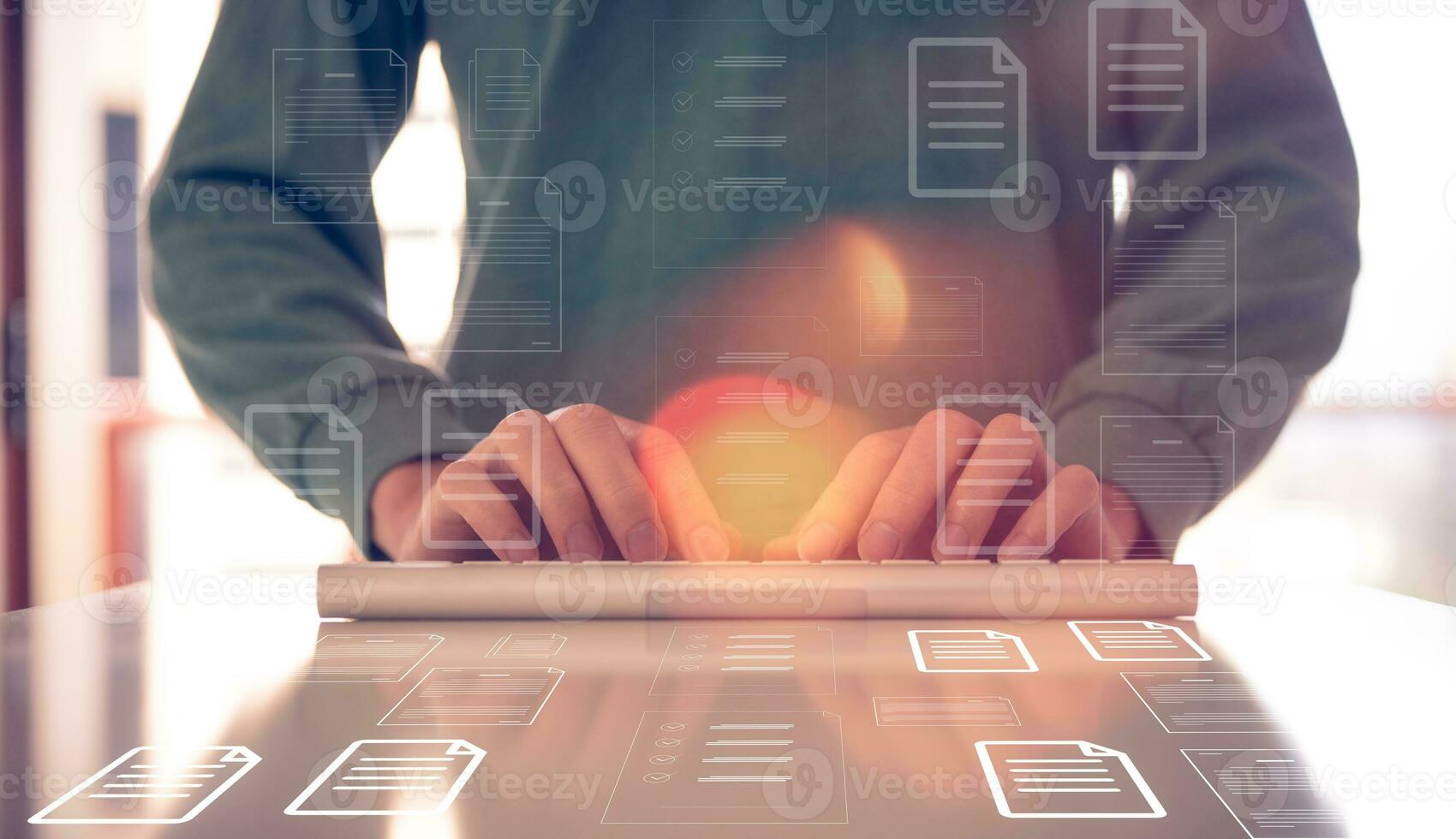 Document data system Report HR technology Concept, Businessman Manager checking white documents reports papers of files icon in modern office, paperless documents photo