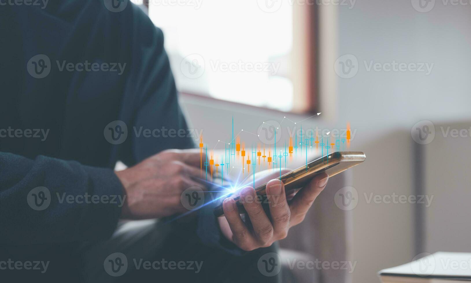 investment stock market data analysis concept, businessman using smartphone analyst  virtual trading graph, trading online, financial mobile application platform photo