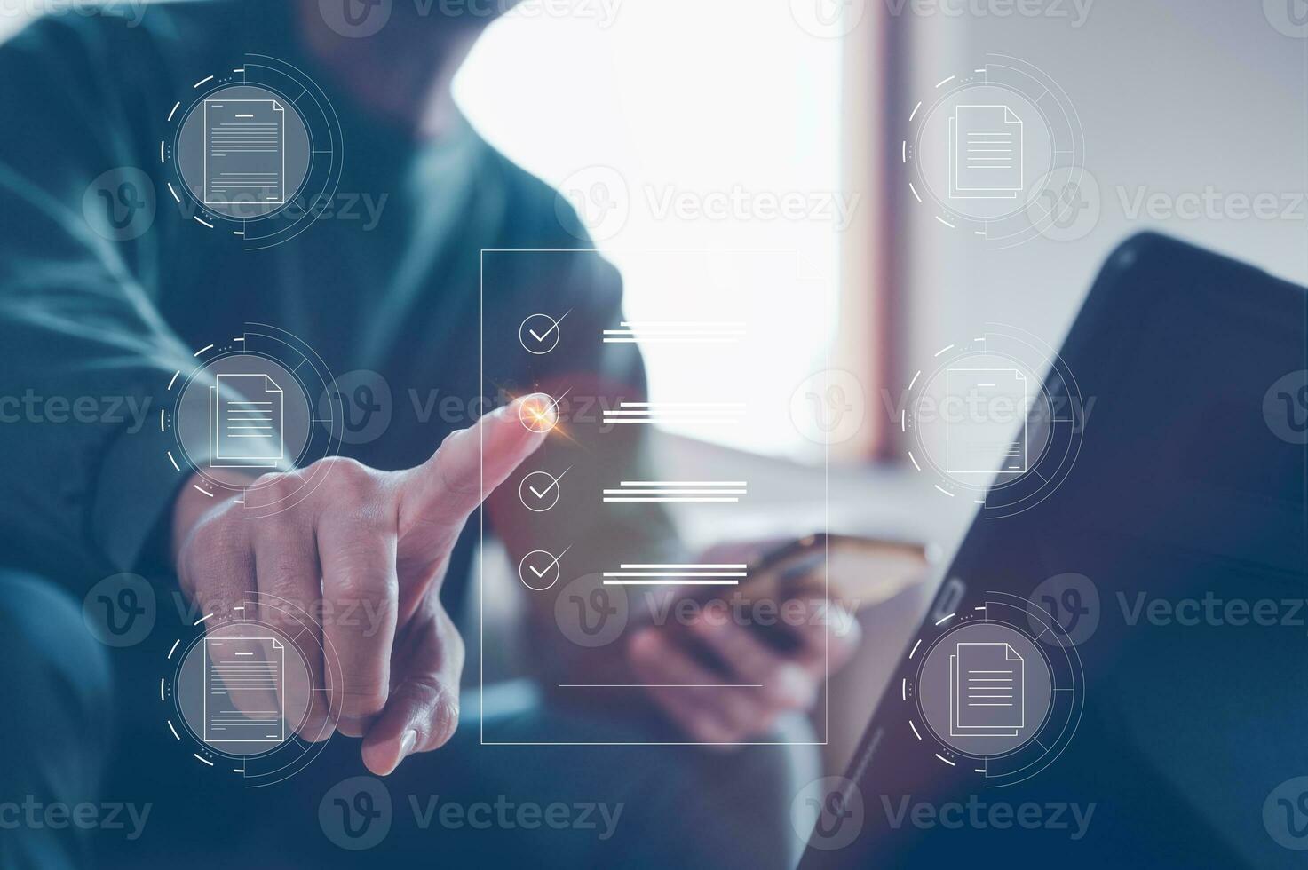paperless concept. man holding smartphone checking on electronic form documentation checklist, questionnaire survey, data management, application. earth day reduced paper, recycling documentation photo