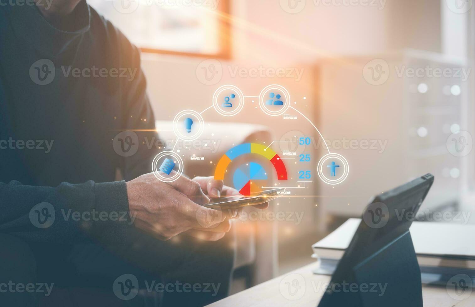 business plan strategy data analysis concept, businessman using smartphone working virtual diagram, connection organisation chart photo