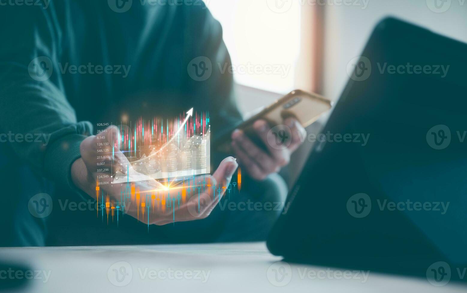 investment stock market data analysis concept, businessman using smartphone analyst  virtual trading graph, trading online, financial mobile application platform photo