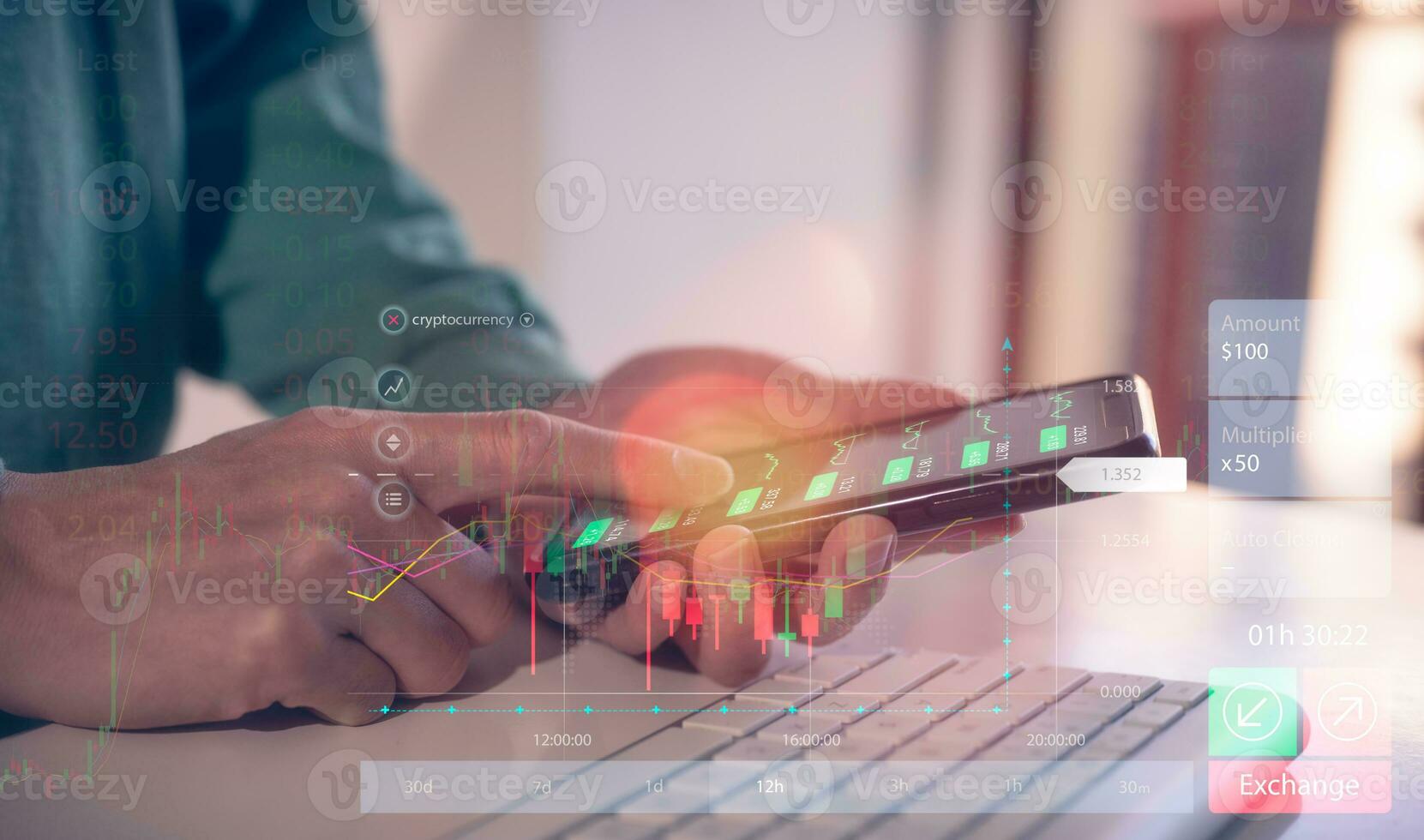 financial investment concept, businessman typing on computer keyboard  touching virtual trading graph buy and sell share in concept of investment business growth and marketing photo