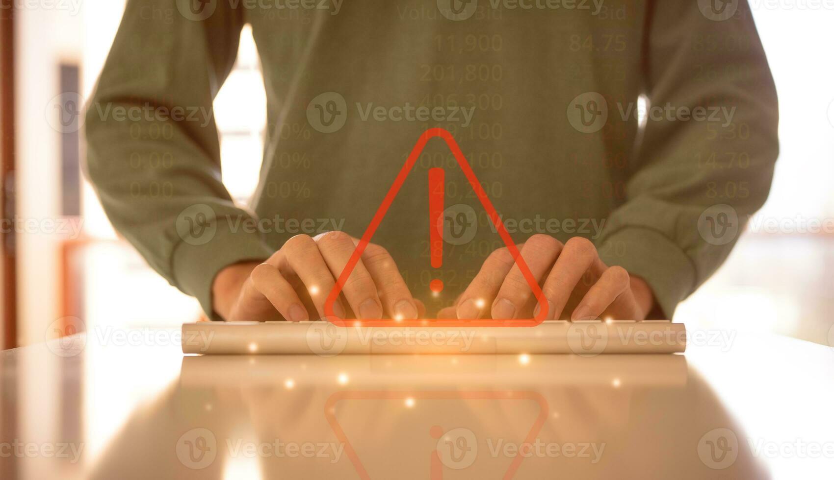 high risk high return concept, businessman holding coin with trading graph and virtual triangle caution sign, investment risk management strategy photo