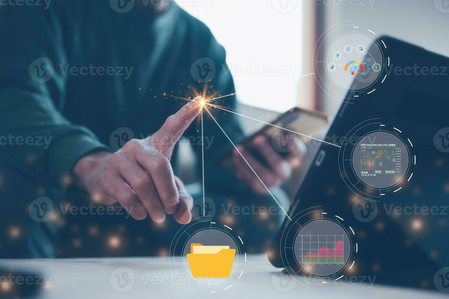 Analyst working with Business Analytics and Data Management System on computer, make a report with KPI and metrics connected to database. Corporate strategy for finance, operations, sales, marketing photo