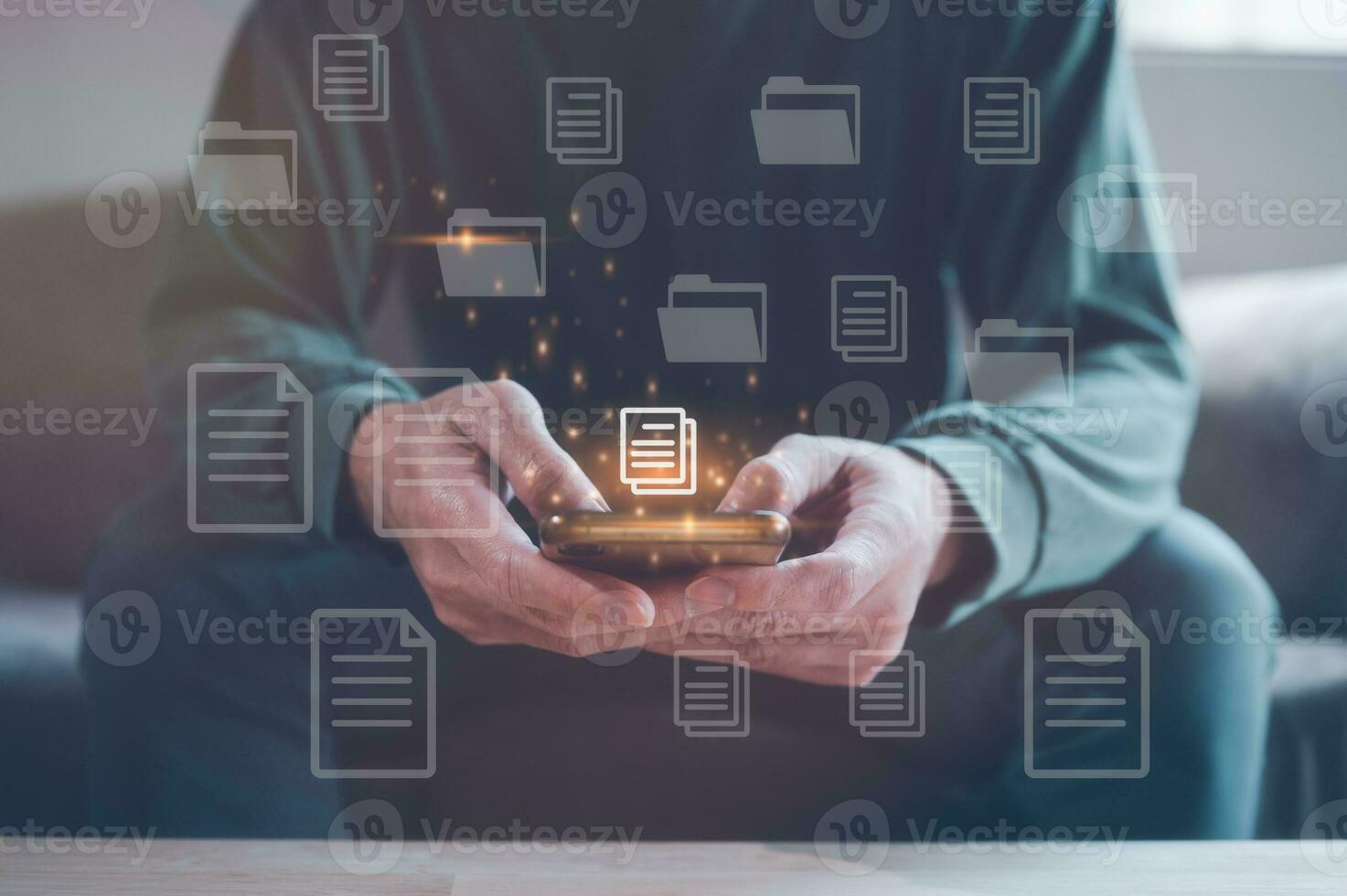 paperless concept. man holding smartphone checking on electronic form documentation checklist, questionnaire survey, data management, application photo
