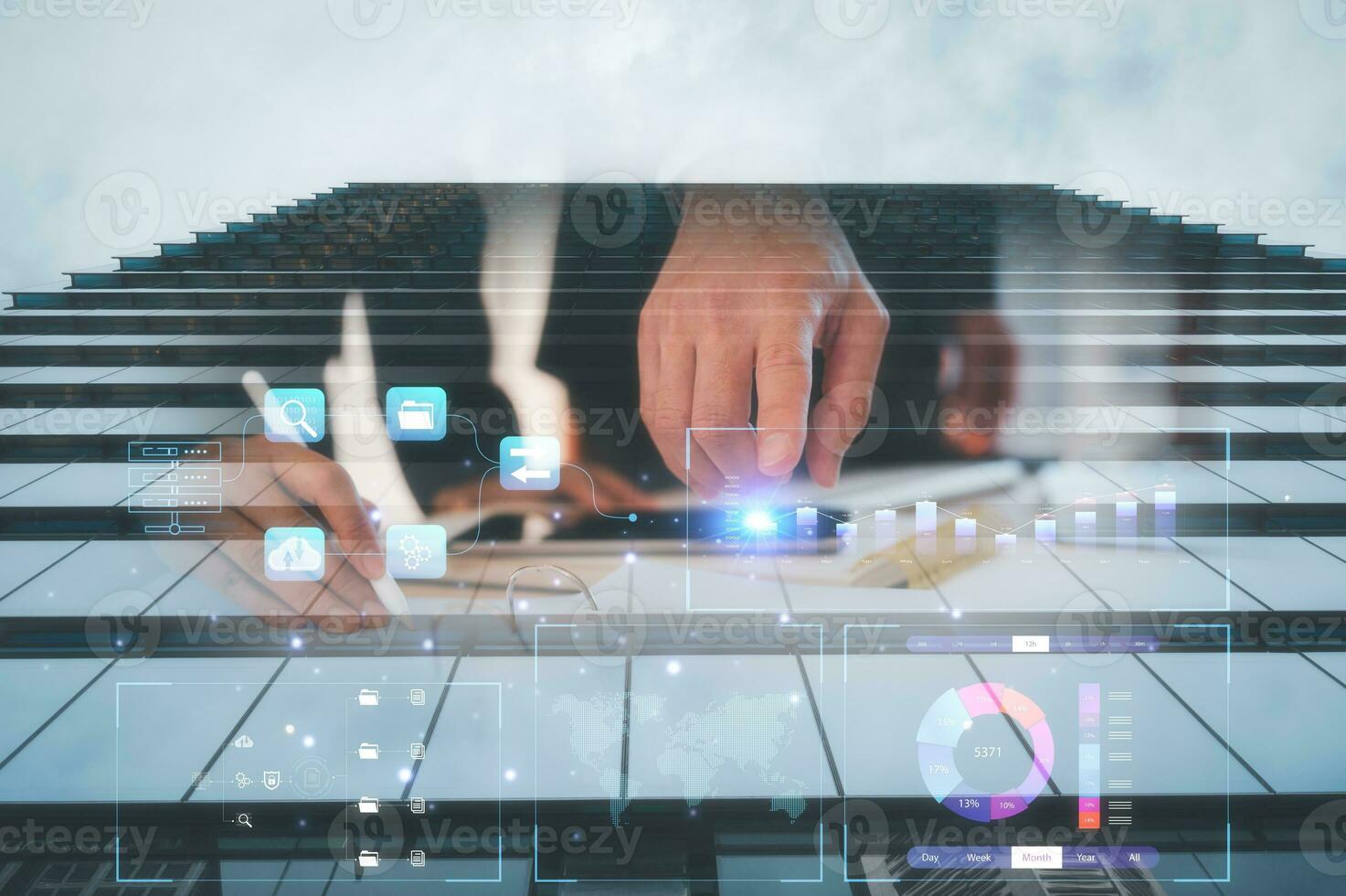 business data analysis concept, analysts working with virtual charts graph document in modern tall office building background, multi exposure, business planning and strategy photo