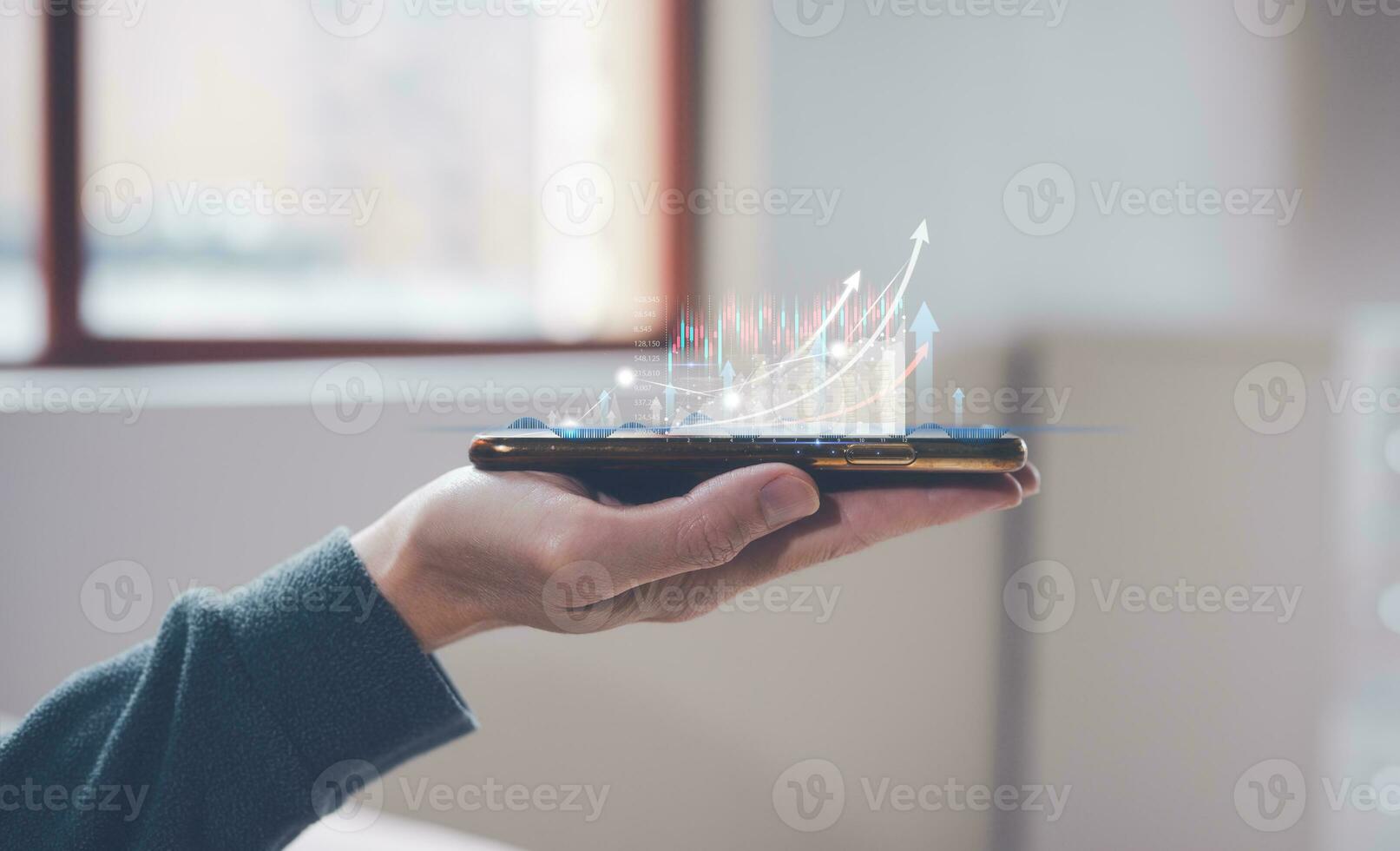 investment concept, financial plans invest trading strategy, hand holding smartphone and virtual trading graph blurred coins, marketing analysis, saving investing retirement plans photo