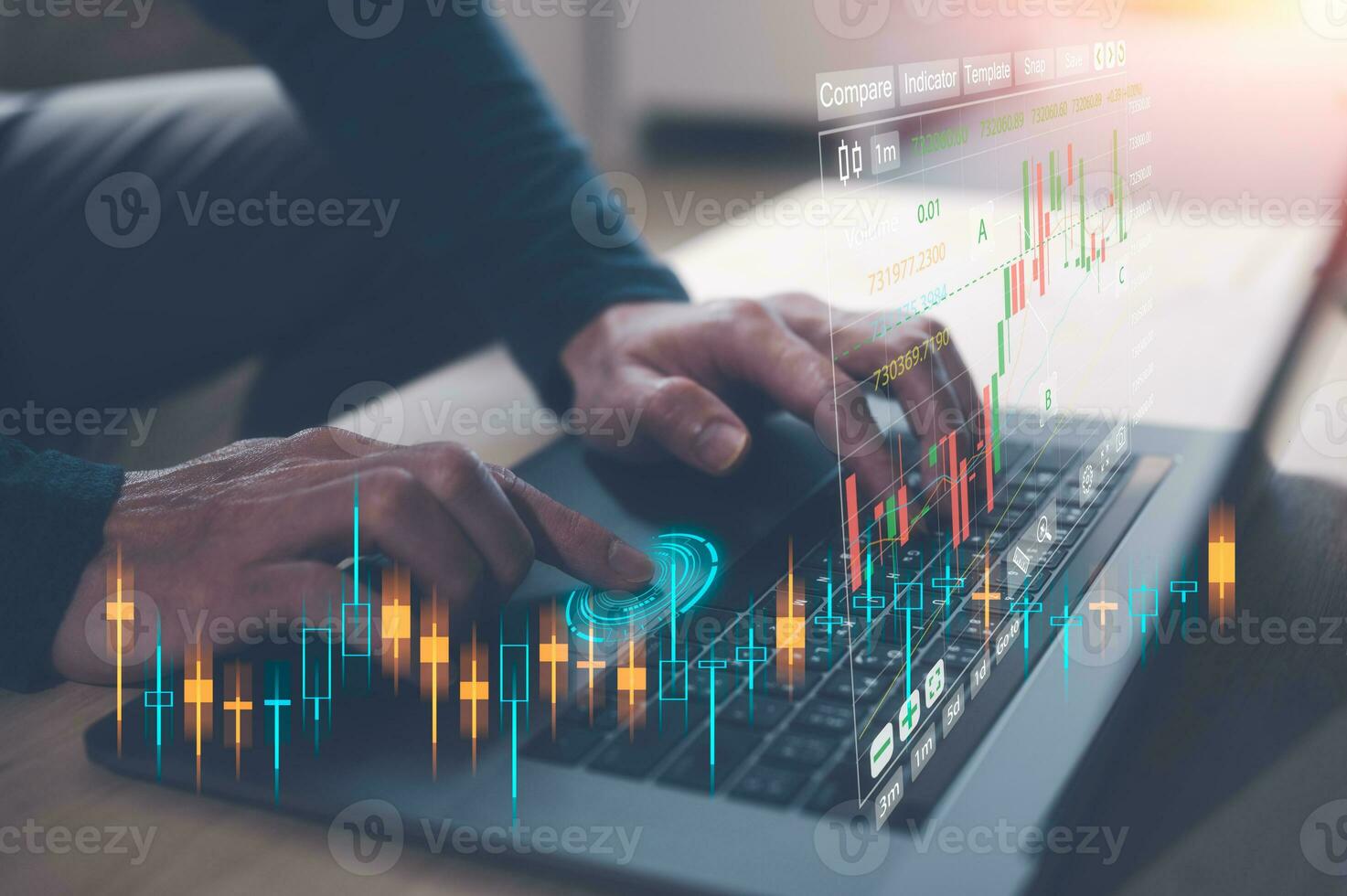 investment stock market trading concept, businessman using computer laptop working with trading graph analyst market trends buy and sell photo