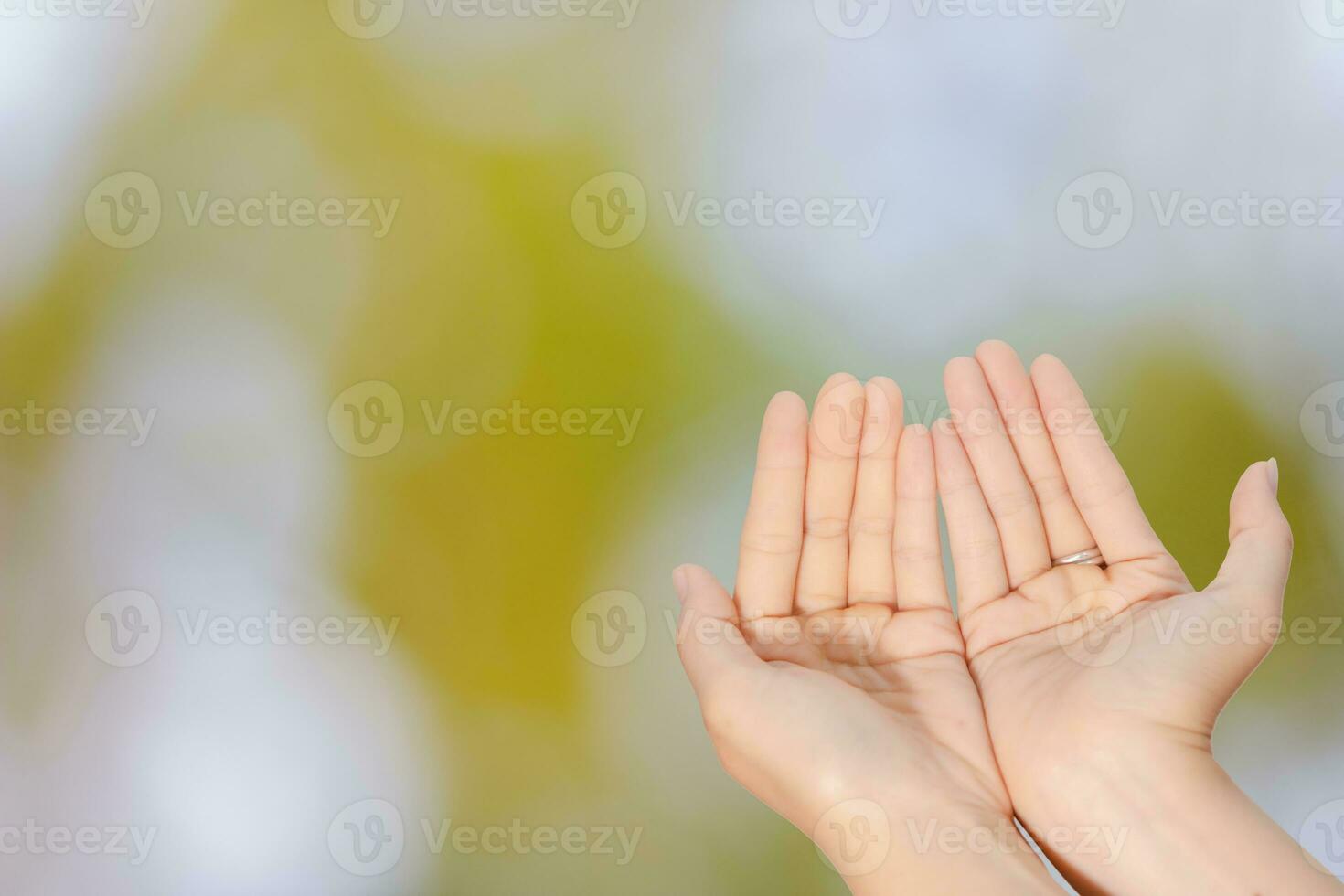 Closeup of woman open two empty hands with palms up for pray to God and blessing on green blur background photo