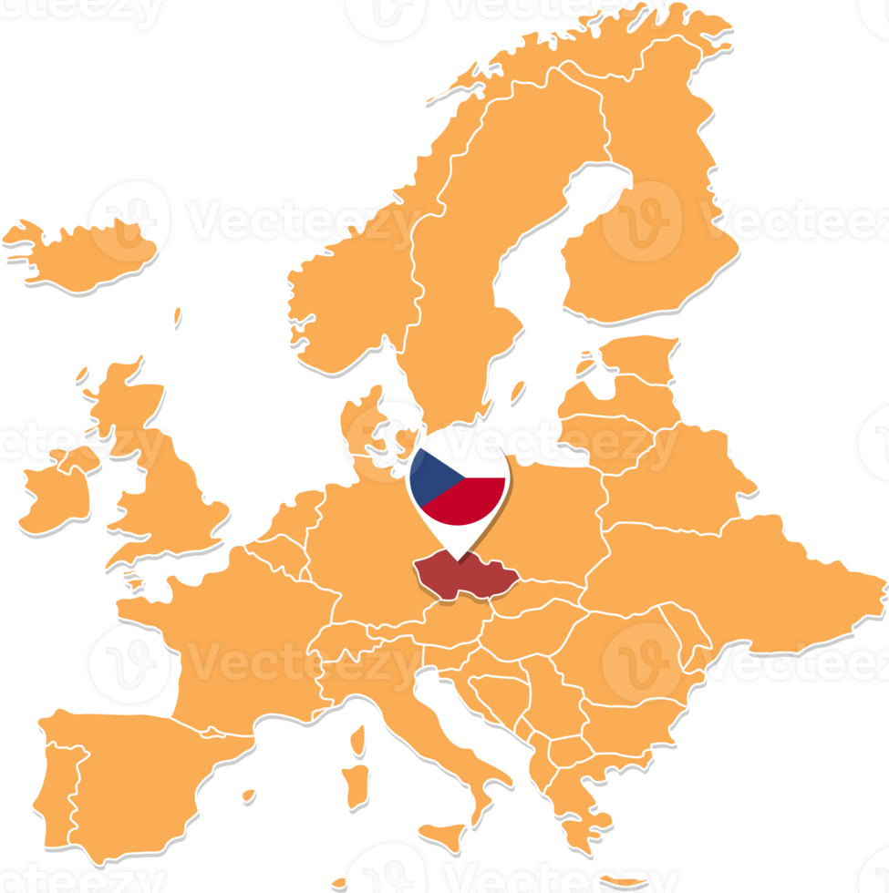 Czech map in Europe, Czech location and flags. png