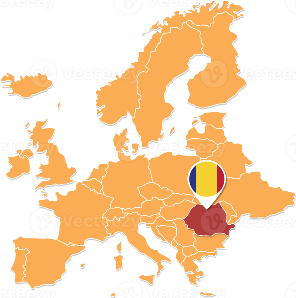 Romania map in Europe, Romania location and flags. png