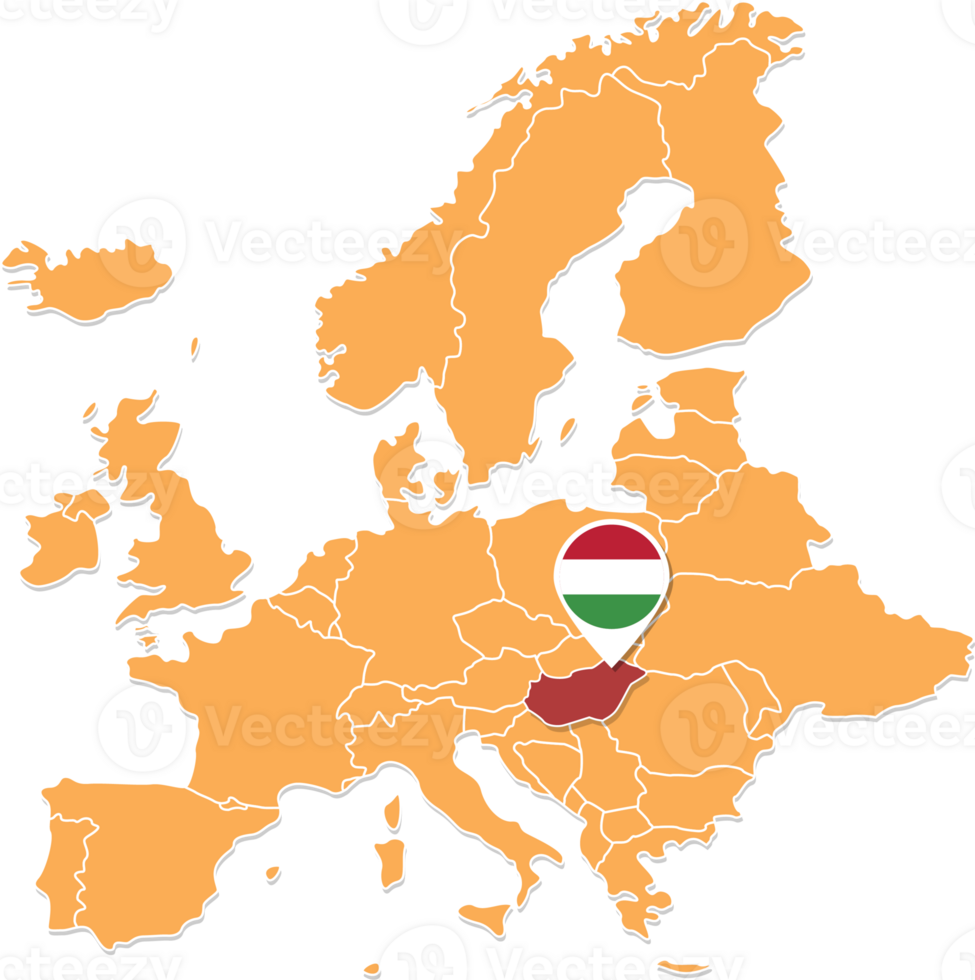 Hungary map in Europe, Hungary location and flags. png