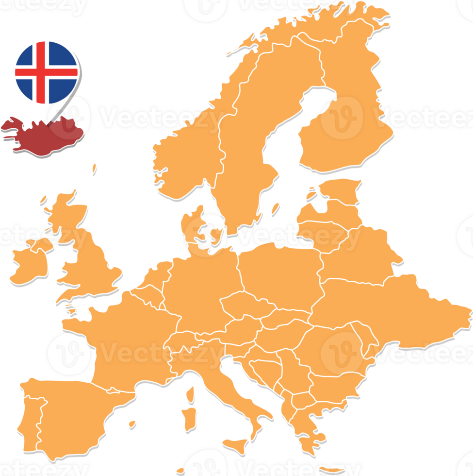 Iceland map in Europe, Iceland location and flags. png