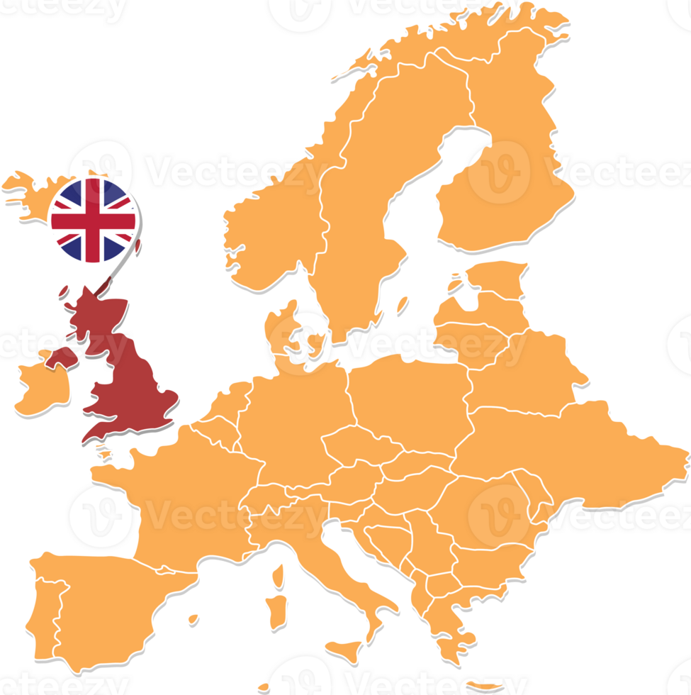 United Kingdom map in Europe, United Kingdom location and flags. png