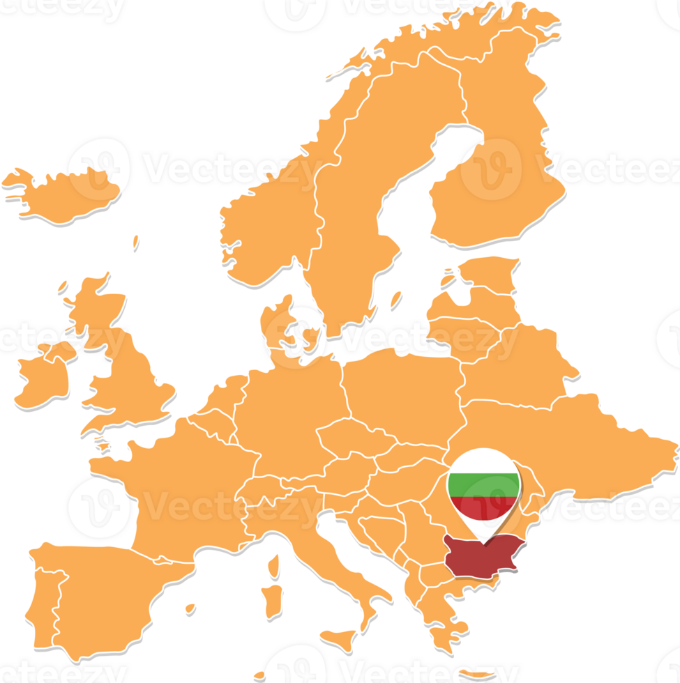 Bulgária mapa dentro Europa, Bulgária localização e bandeiras. png