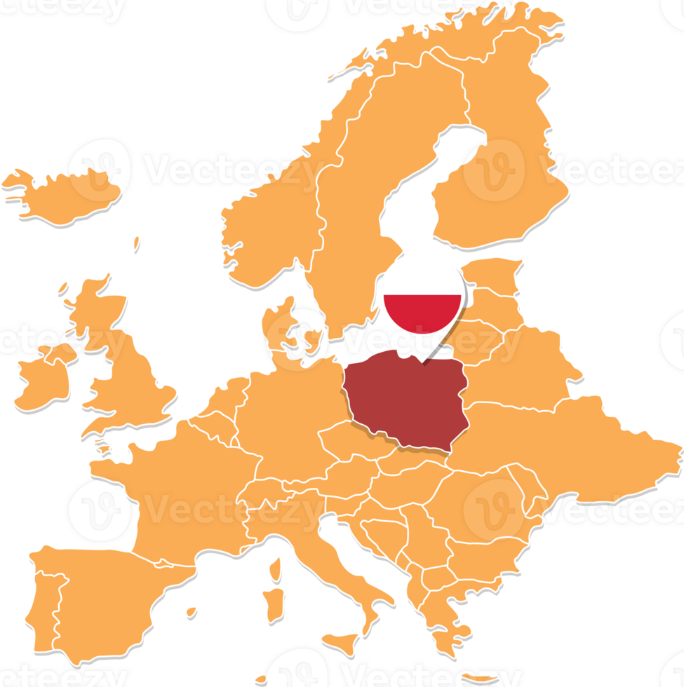 Poland map in Europe, Poland location and flags. png
