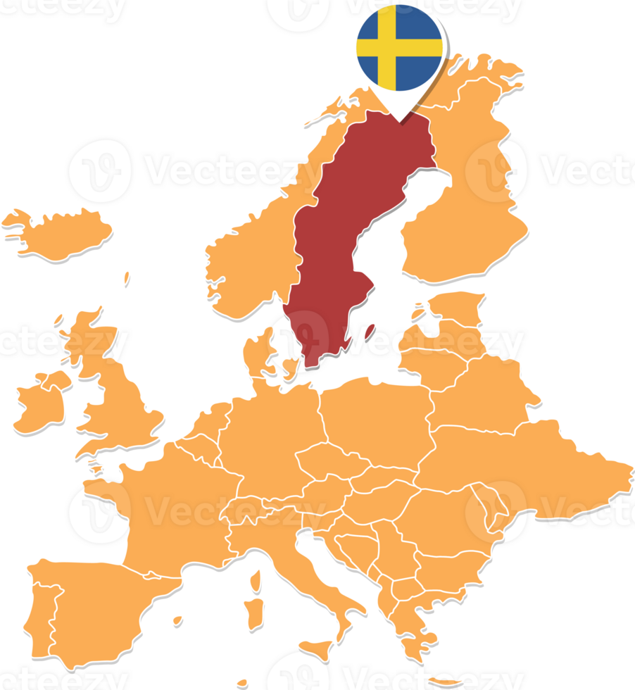 Zweden kaart in Europa, Zweden plaats en vlaggen. png