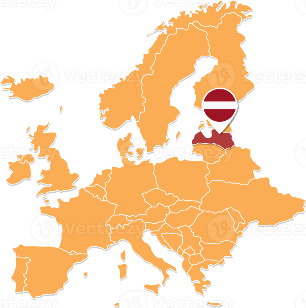 Letônia mapa dentro Europa, Letônia localização e bandeiras. png