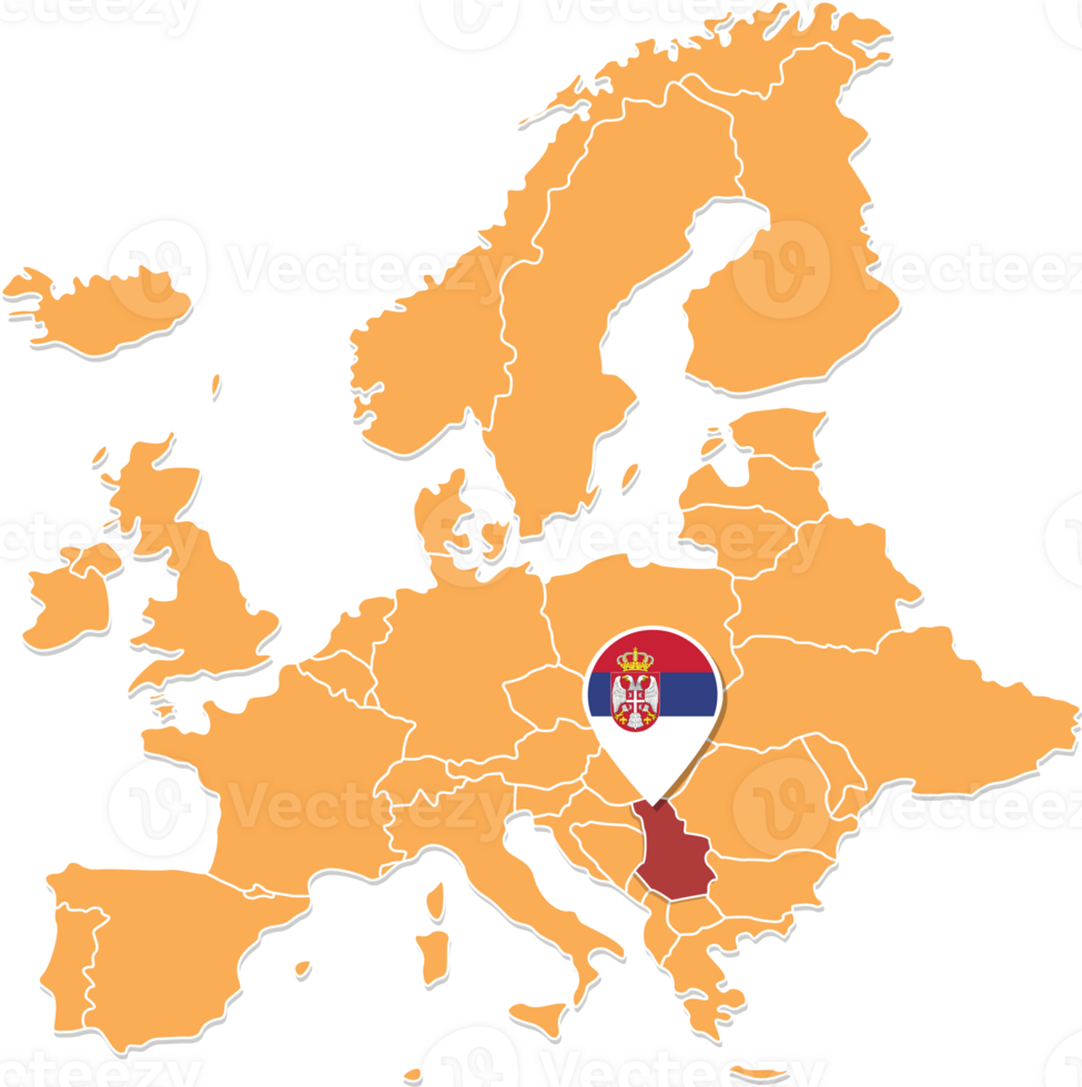 Serbia map in Europe, Serbia location and flags. png