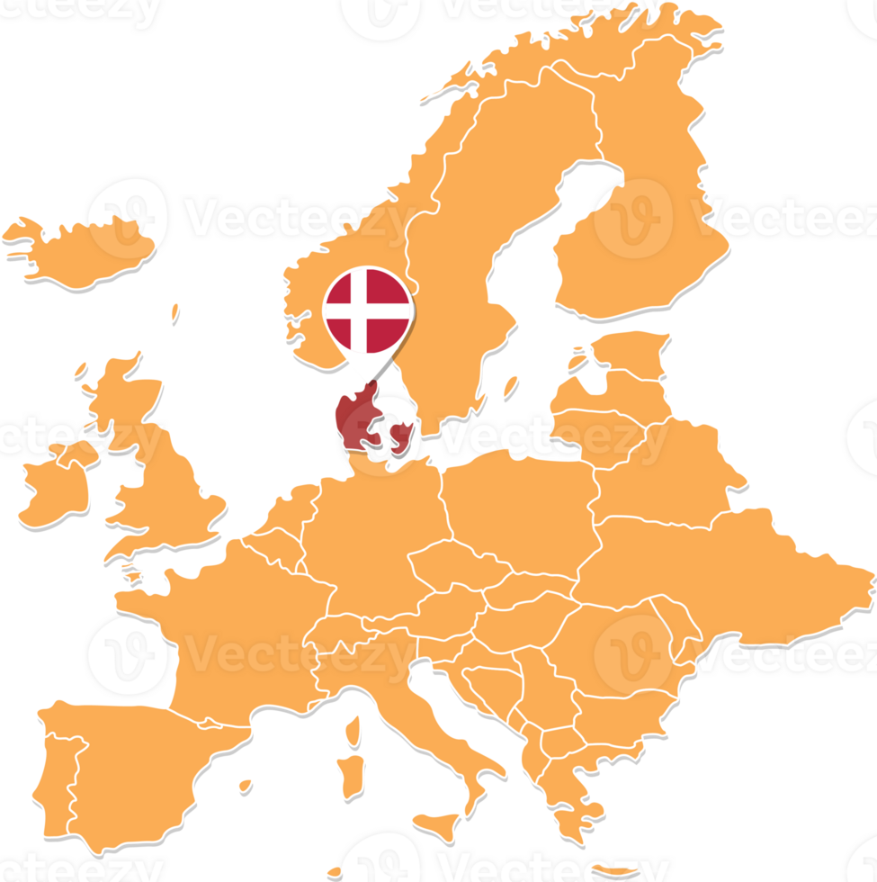 Dinamarca mapa dentro Europa, Dinamarca localização e bandeiras. png