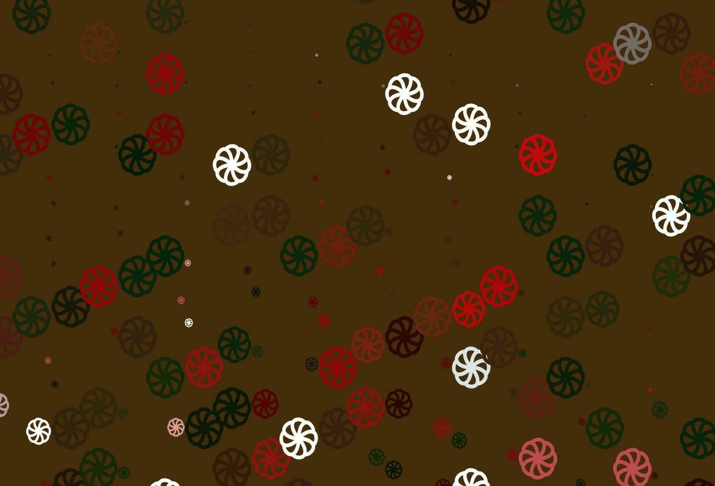 Fondo de vector verde, rojo claro con copos de nieve de Navidad.