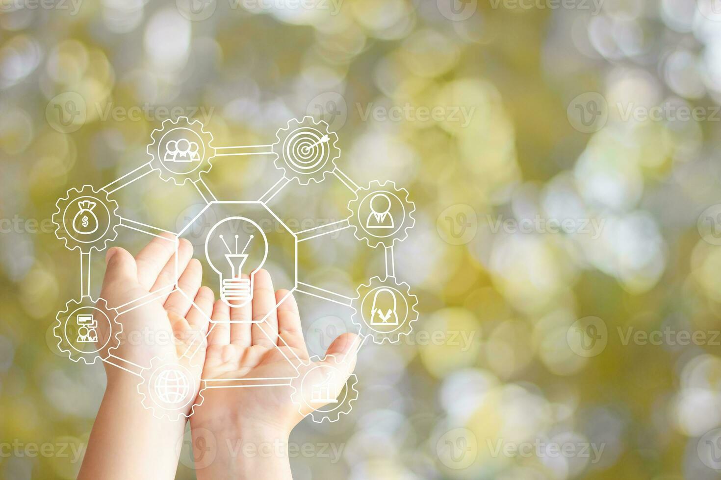 two hand of young business man open hand with blub light sketch of idea on blur background photo