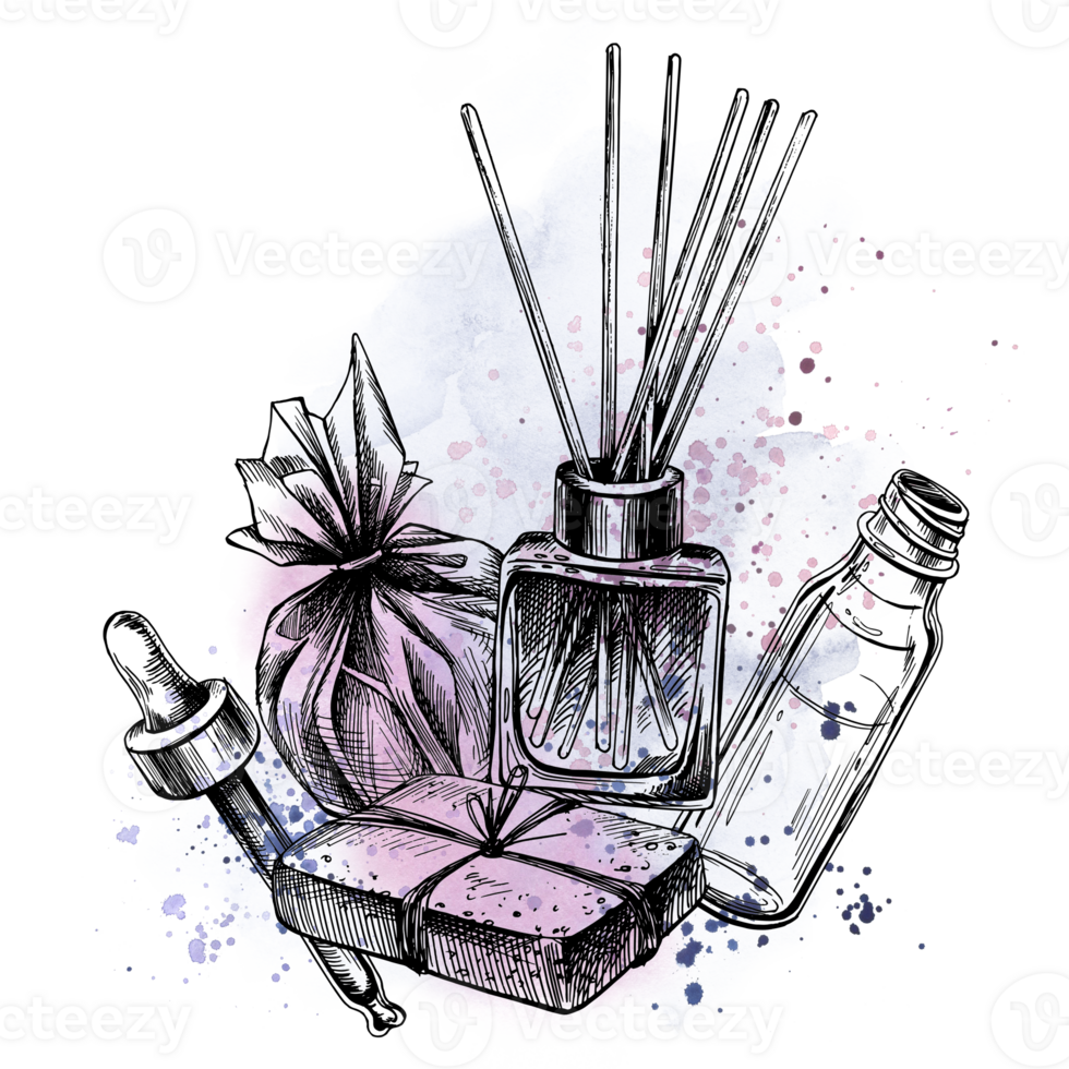 Aroma diffuser, bath bomb, handmade soap, serum with dropper. Hand-drawn illustration, graphics with watercolor stains and splashes. Isolated composition png