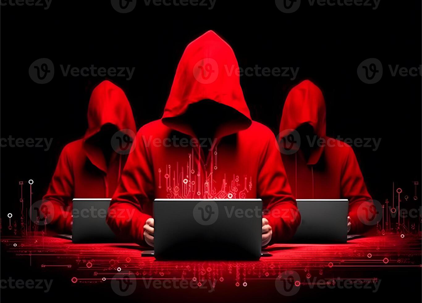 Three hackers without face. Concept of red hat, hacker group, organization or association. , photo