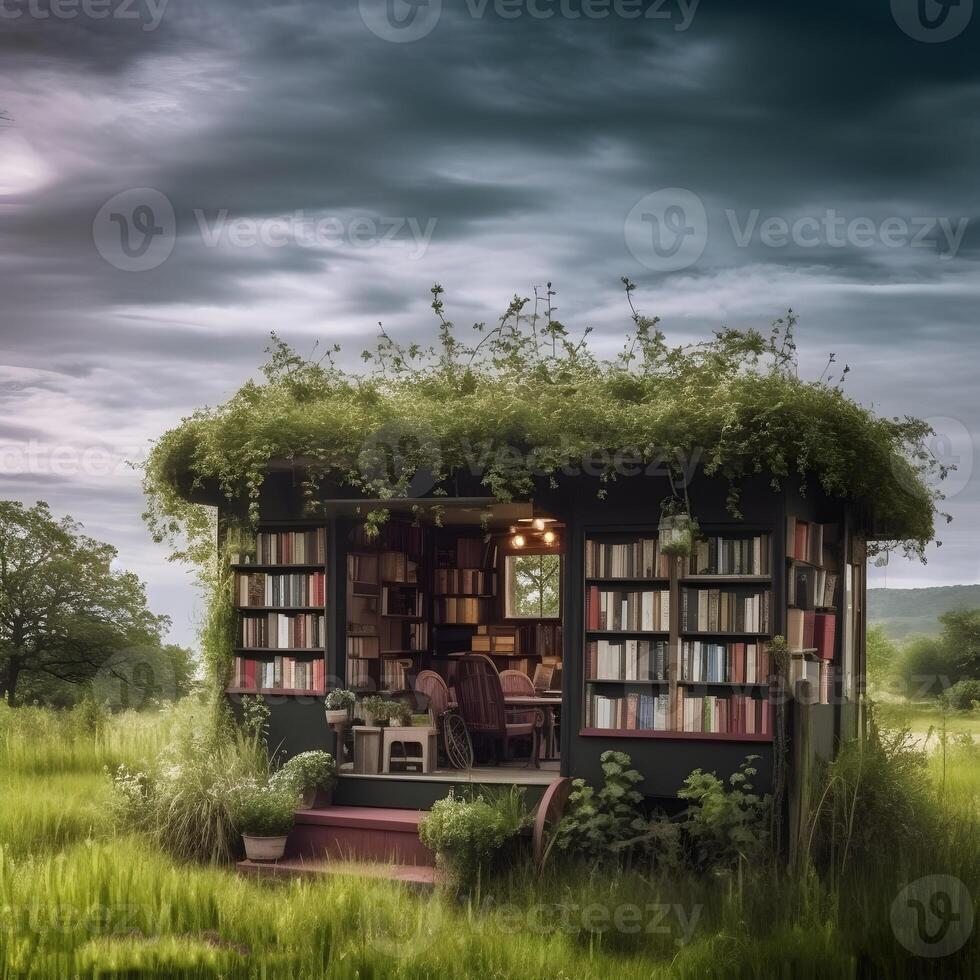 Mobile bookstore decorated with green plants. photo