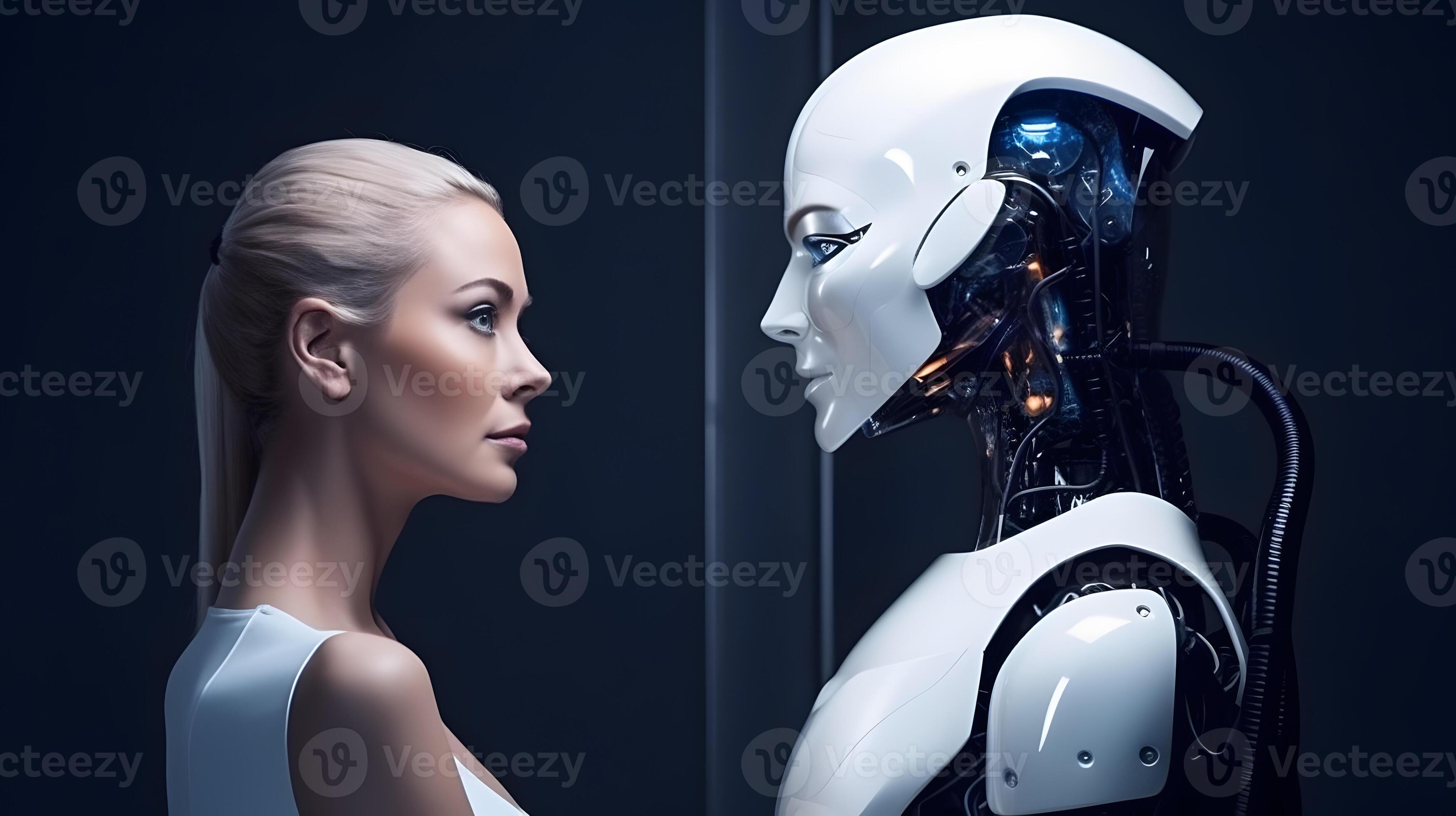 Beautiful woman and AI robot look at each other. Concept of human