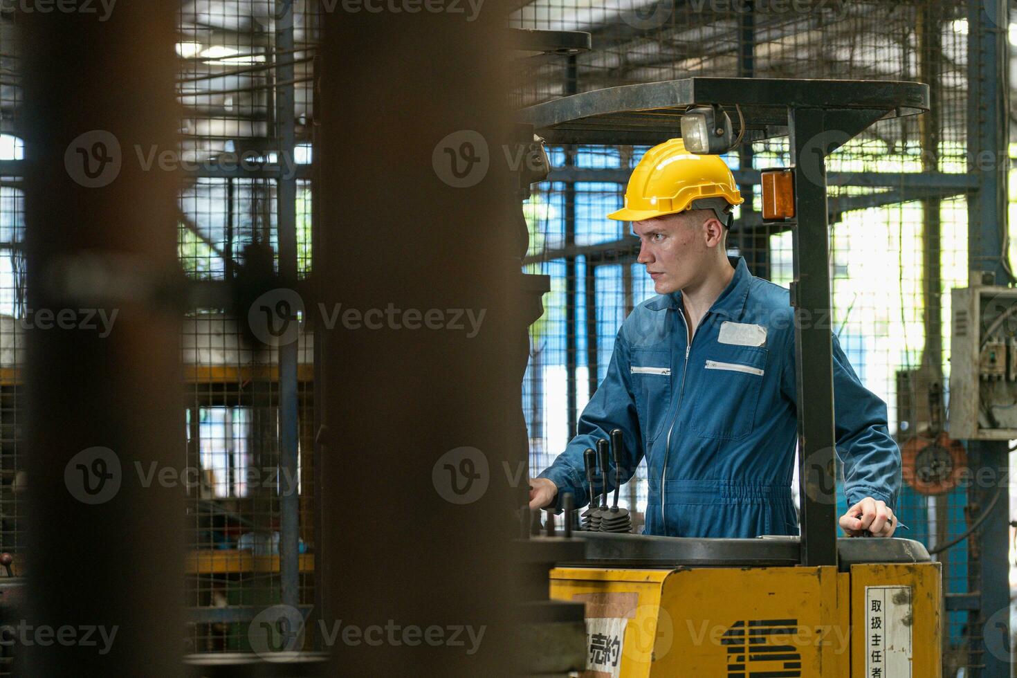 caucasian men engineer worker skills quality, maintenance, training industry factory. male waring protective workwear, helmet. photo