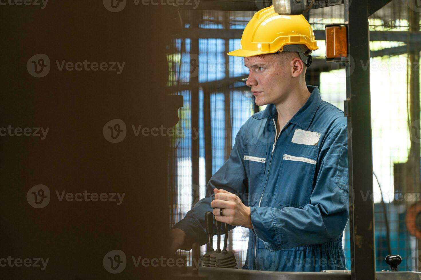 caucasian men engineer worker skills quality, maintenance, training industry factory. male waring protective workwear, helmet. photo