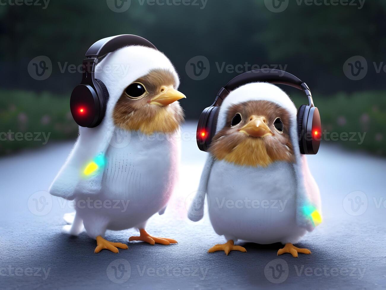 linda y adorable bebé aves con auriculares en cabeza. ai generado foto