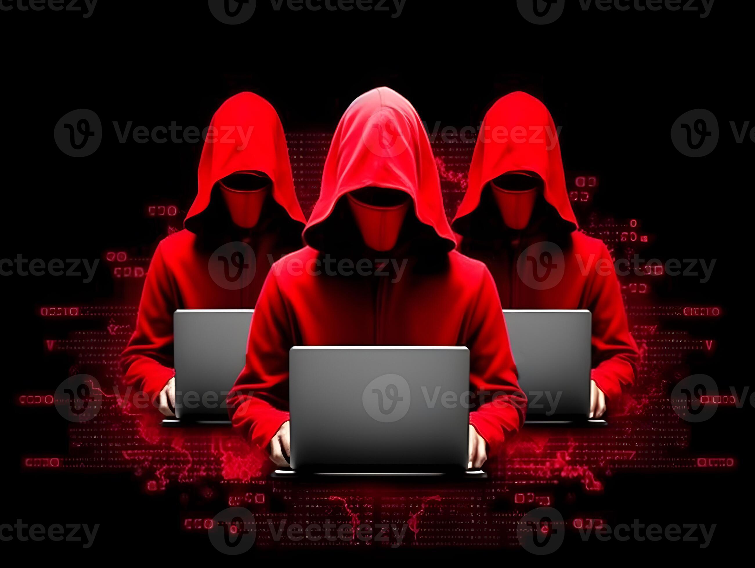 Three hackers without face. Concept of red hat, hacker group