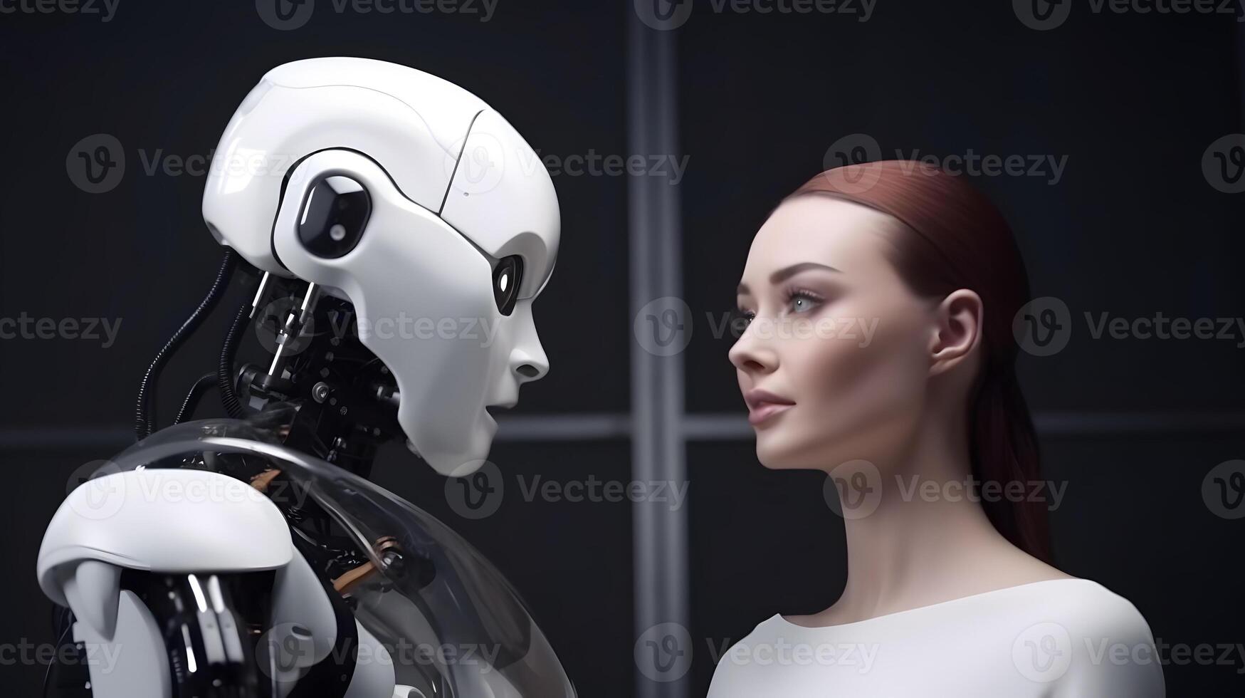 Beautiful woman and AI robot look at each other. Concept of human and robot love, affection or relationships. photo