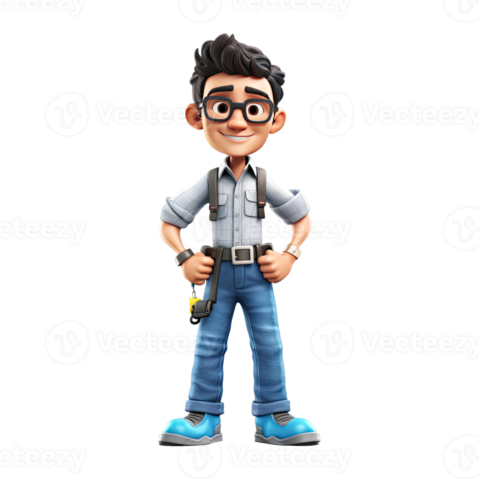 3D cartoon engineer on transparent background. png