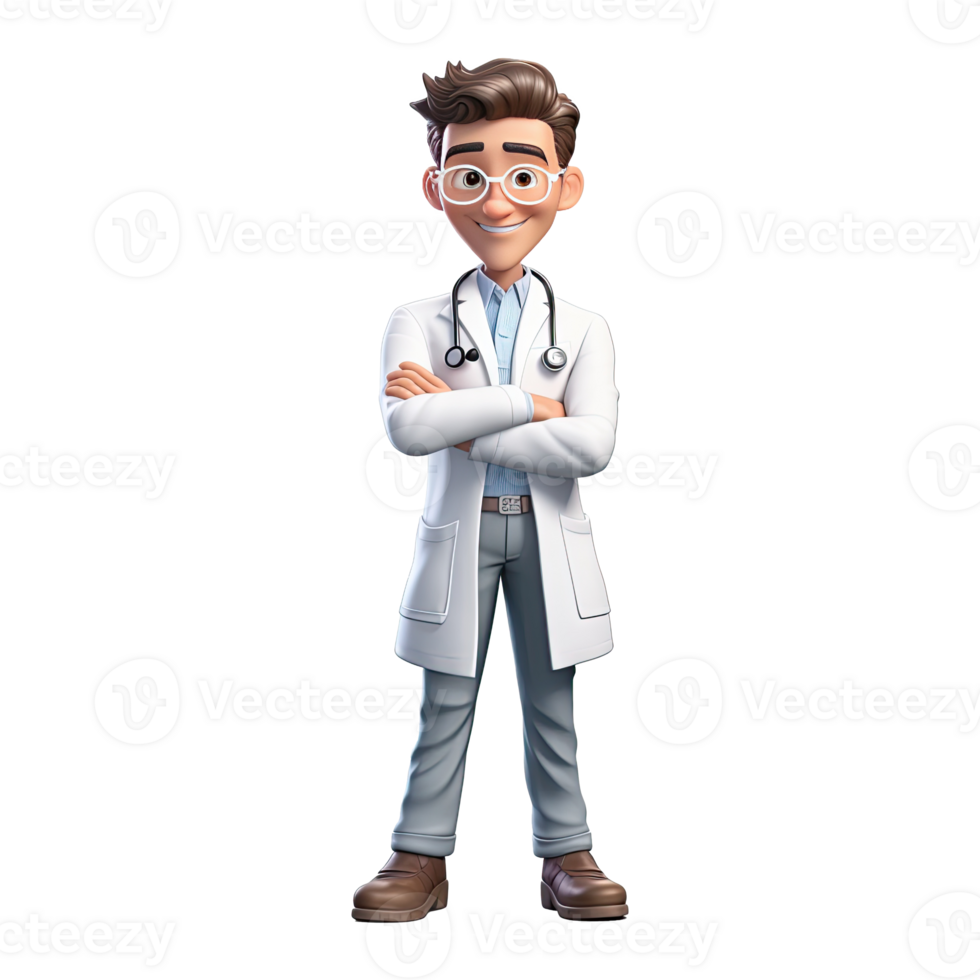 3D Happy cartoon doctor. Cartoon doctor on transparent background. png