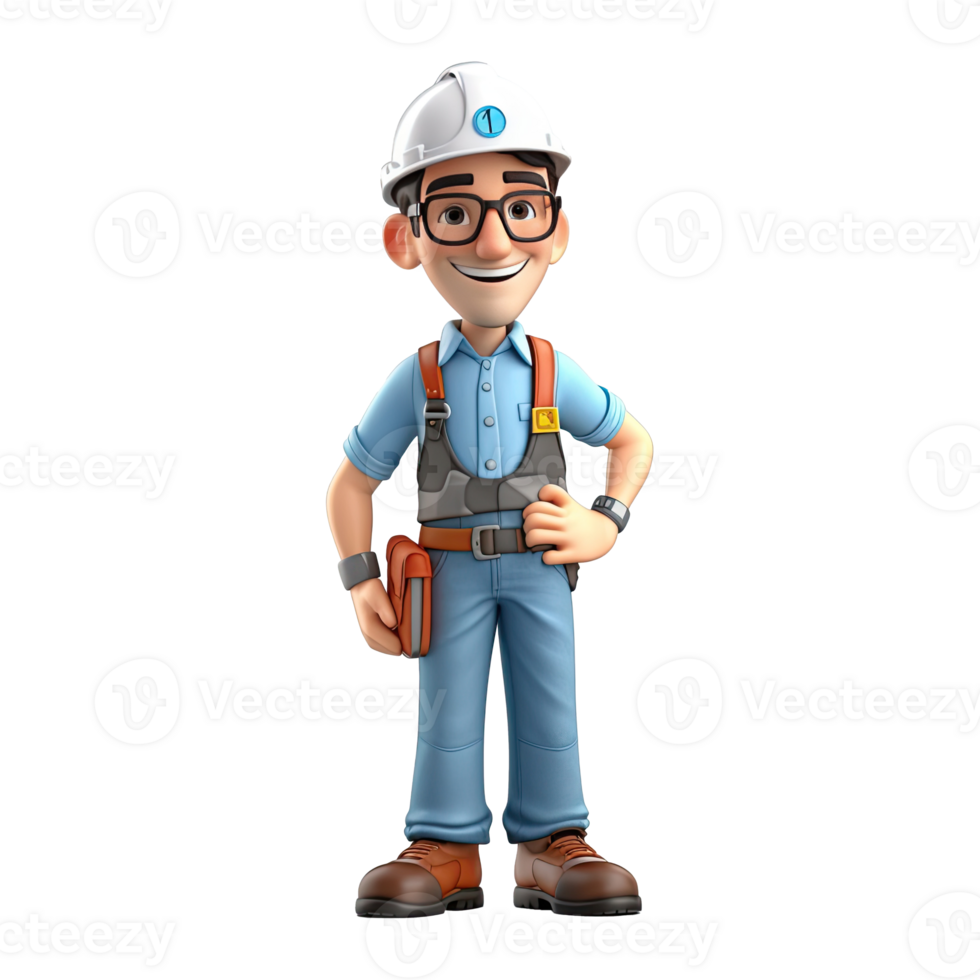 3D cartoon engineer on transparent background. png