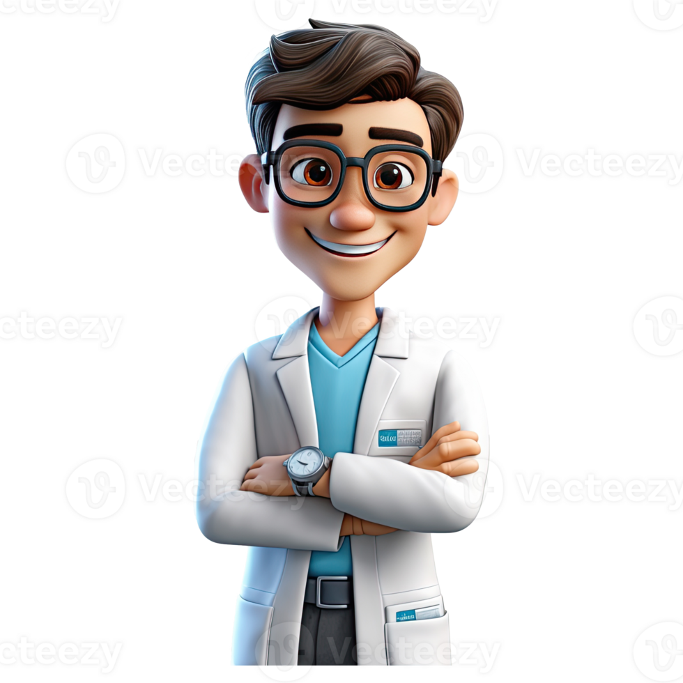 3D Happy cartoon doctor. Cartoon doctor on transparent background. png