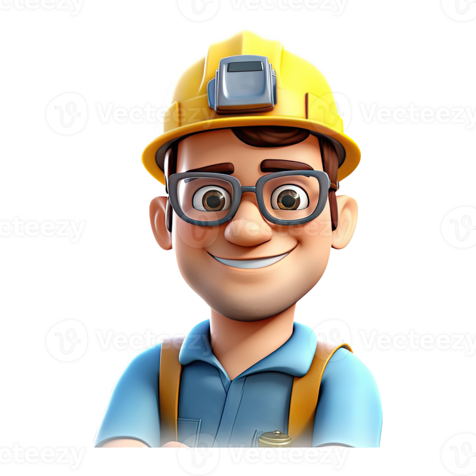 3D cartoon engineer on transparent background. png
