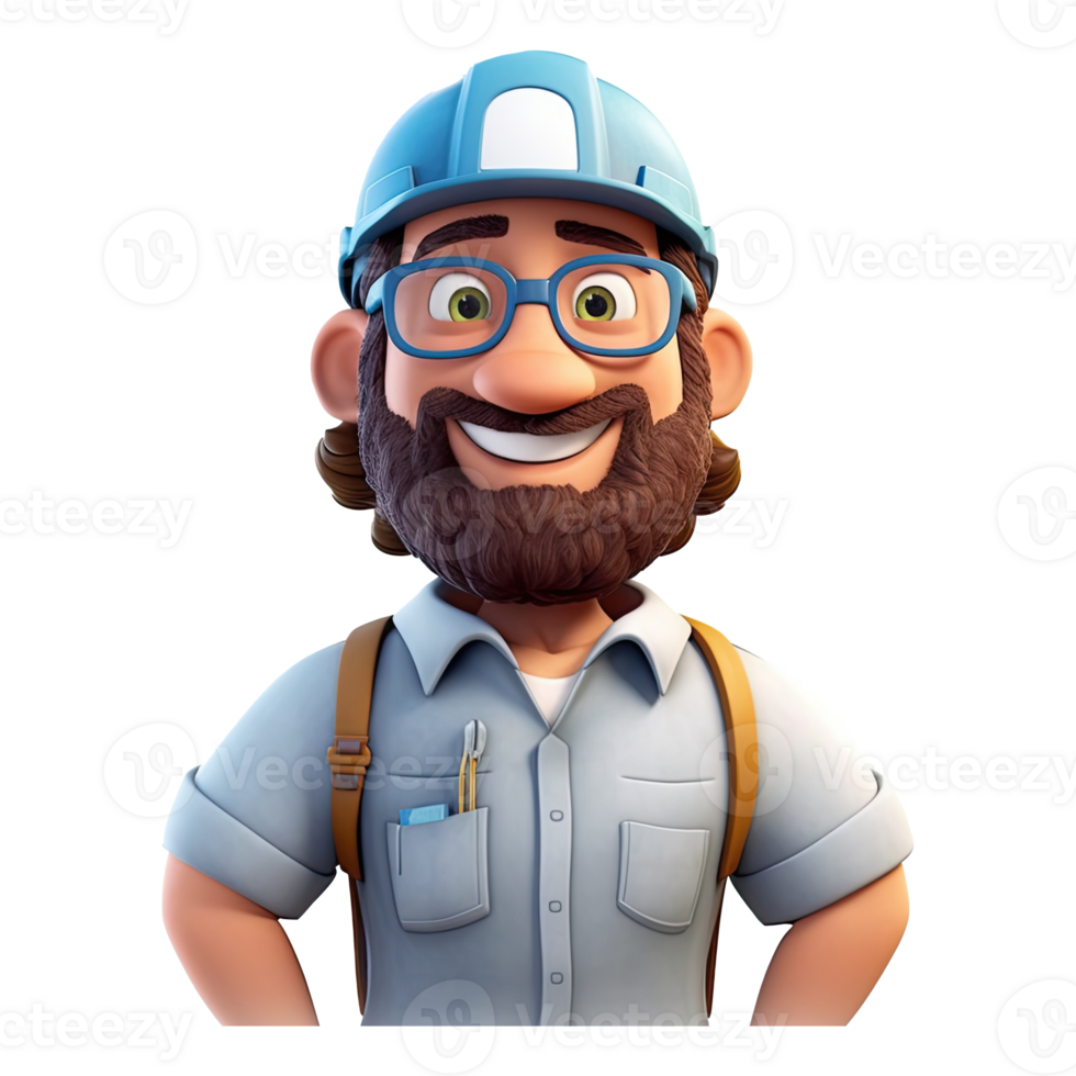 3D cartoon engineer on transparent background. png