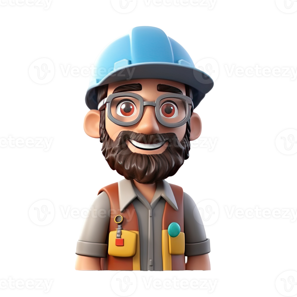 3D cartoon engineer on transparent background. png