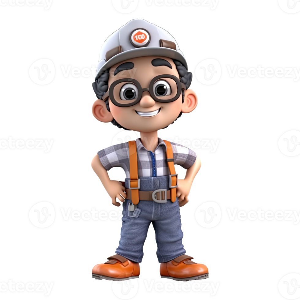 3D cartoon engineer on transparent background. png