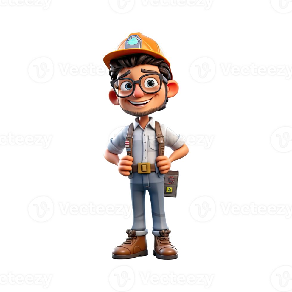 3D cartoon engineer on transparent background. png